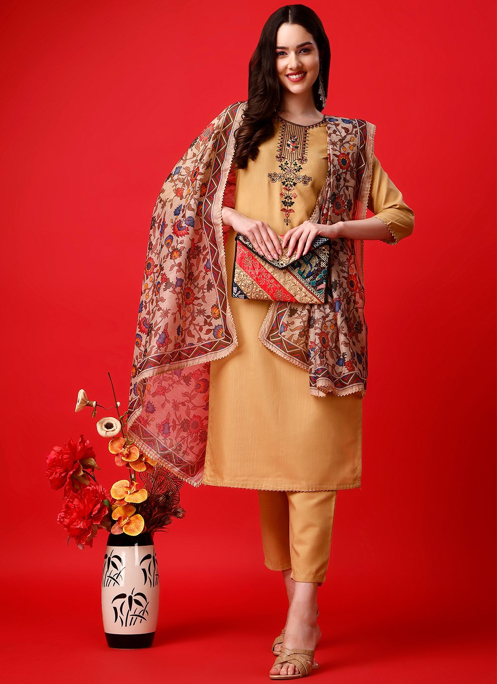 Salwar Suit Blended Cotton Mustard Embroidered Salwar Kameez