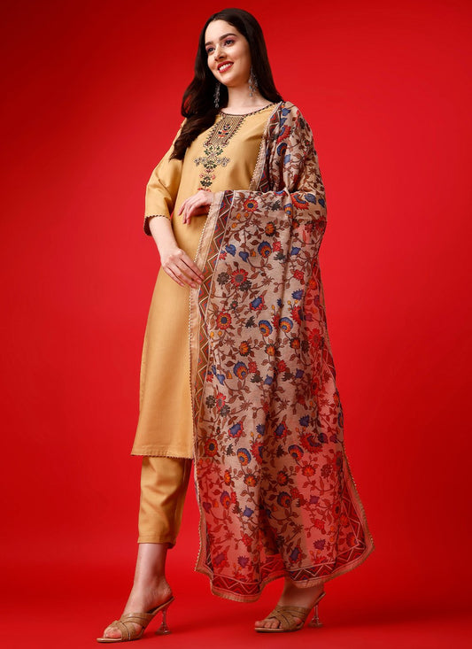 Salwar Suit Blended Cotton Mustard Embroidered Salwar Kameez