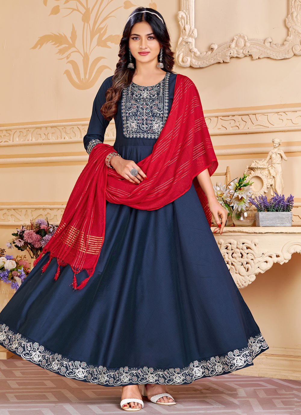 Gown Silk Blue Embroidered Gown
