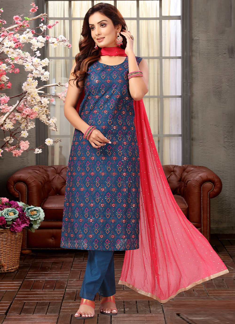 Salwar Suit Silk Blue Embroidered Salwar Kameez