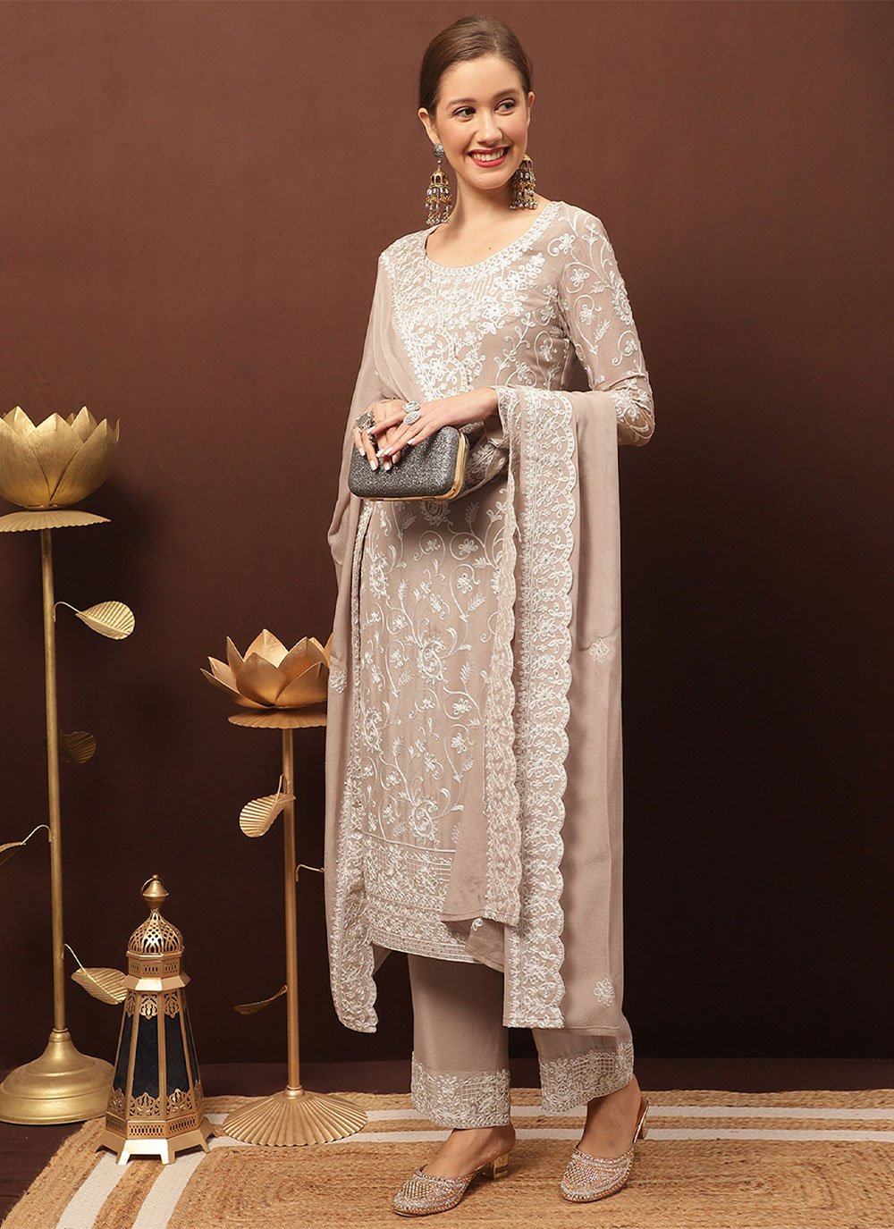 Floor Lenght Salwar Suit Chiffon Chinon Brown Crystals Salwar Kameez