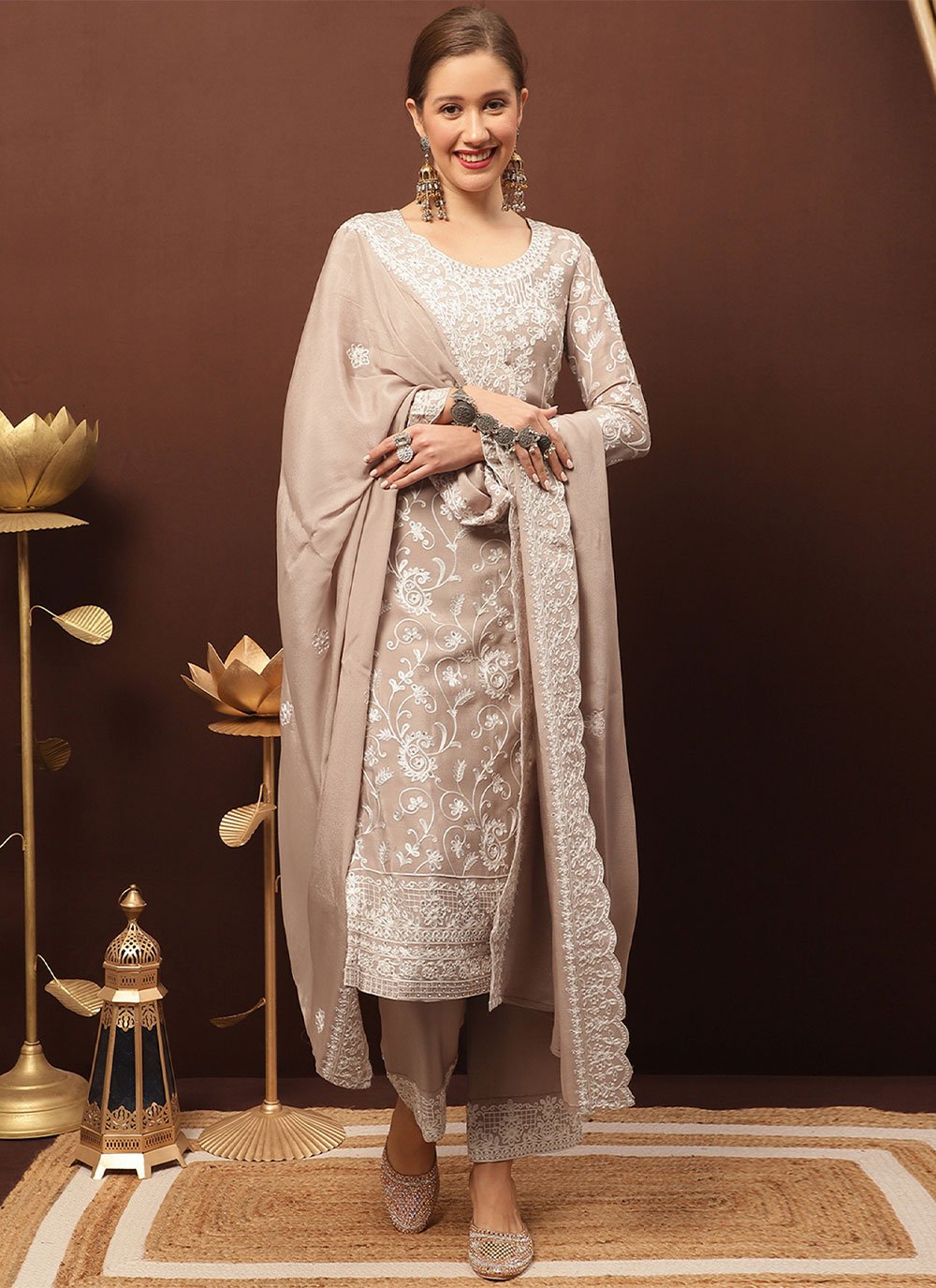 Floor Lenght Salwar Suit Chiffon Chinon Brown Crystals Salwar Kameez