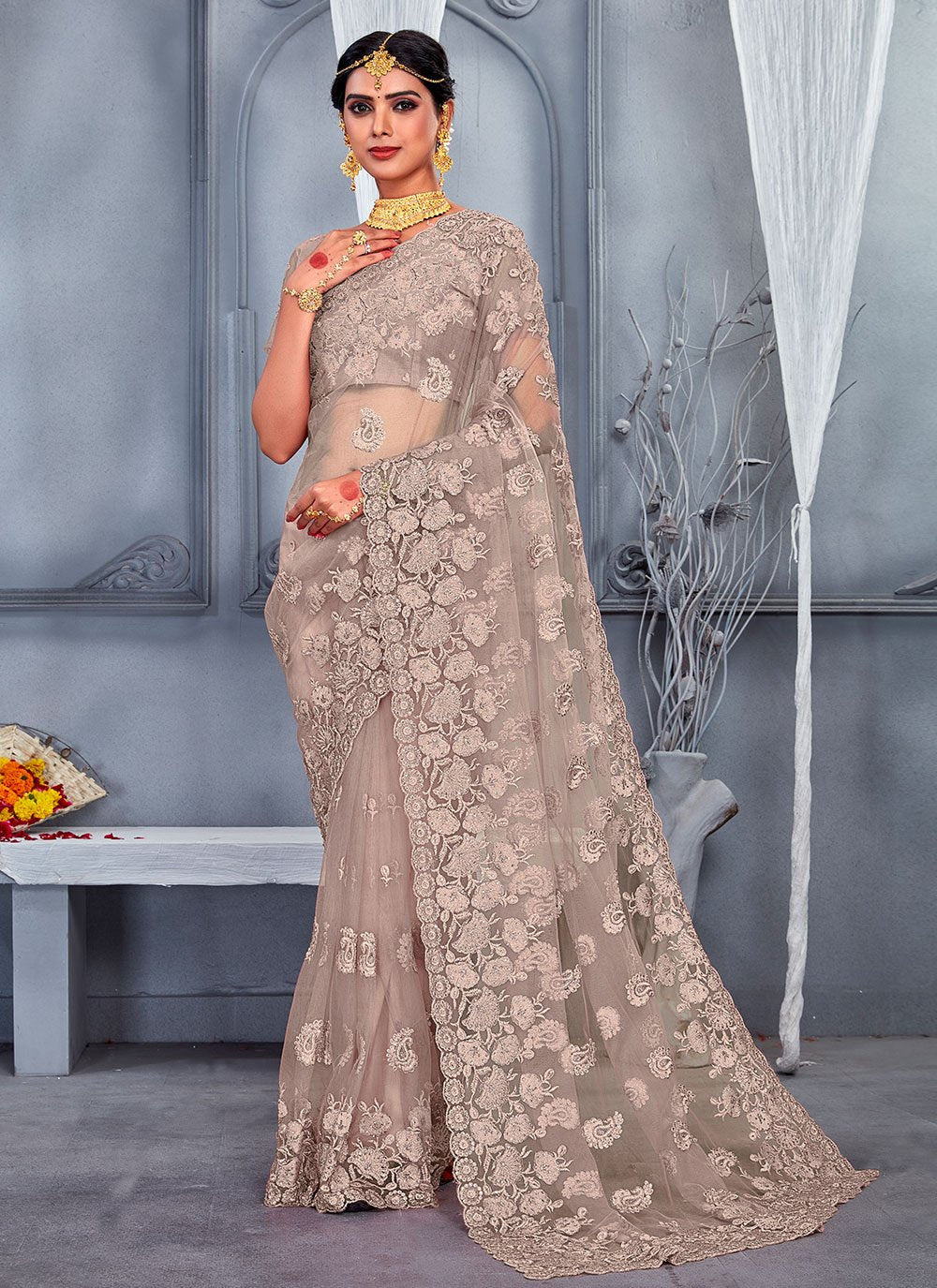 Classic Net Brown Embroidered Saree