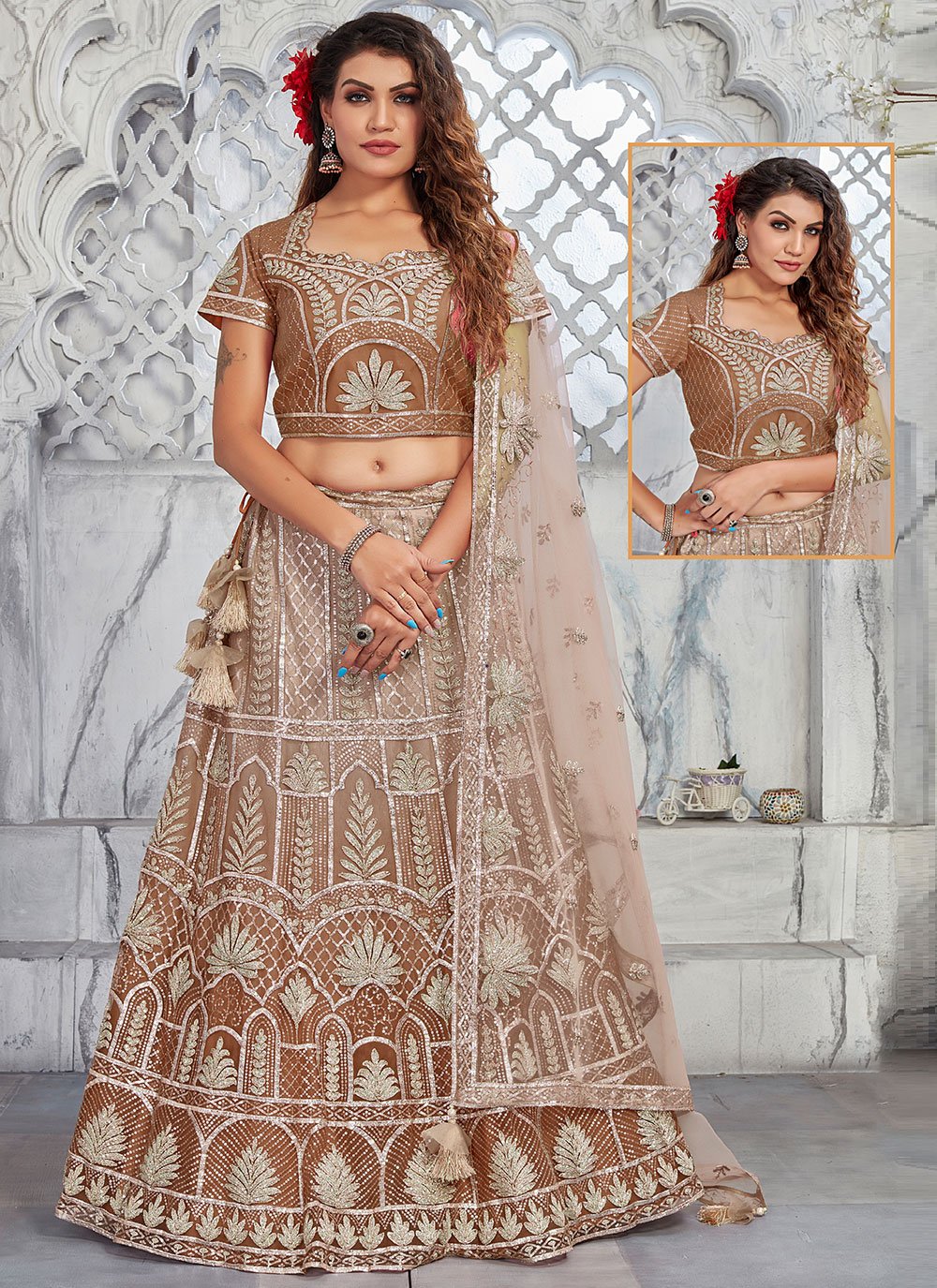 Lehenga Choli Net Brown Embroidered Lehenga Choli