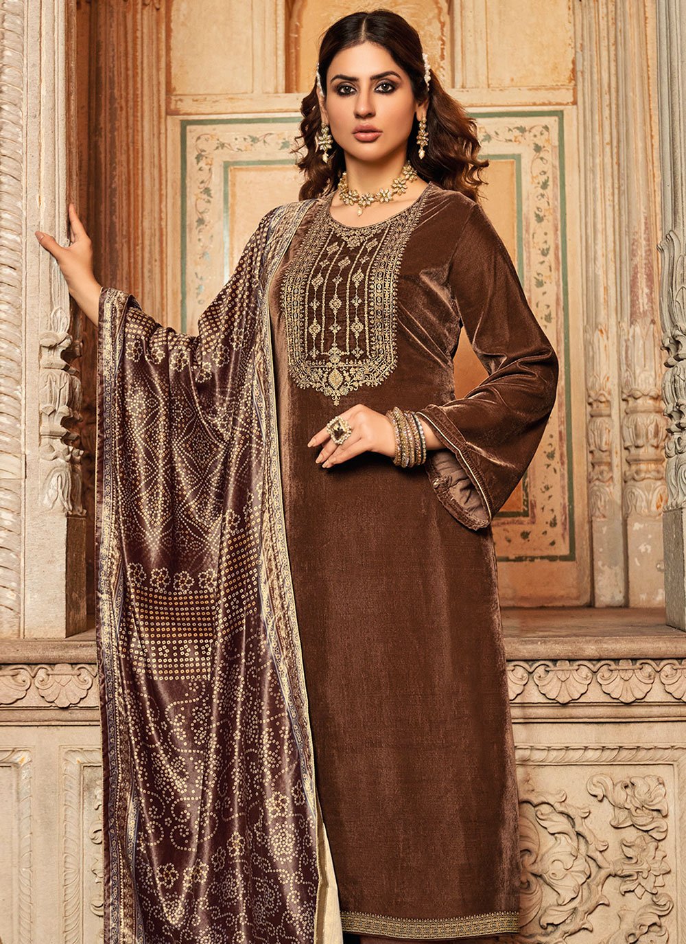 Pant Style Suit Velvet Brown Embroidered Salwar Kameez