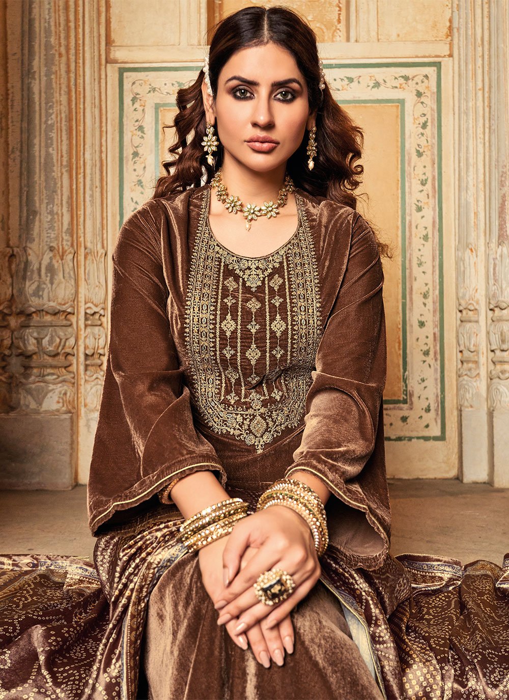 Pant Style Suit Velvet Brown Embroidered Salwar Kameez