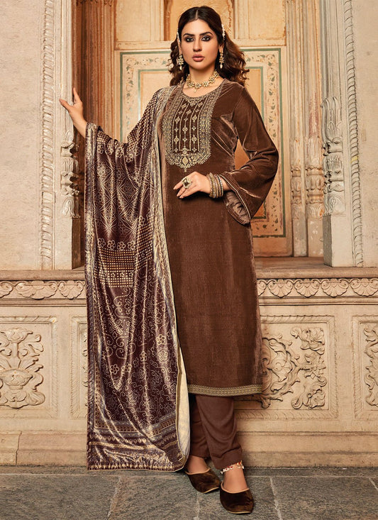 Pant Style Suit Velvet Brown Embroidered Salwar Kameez