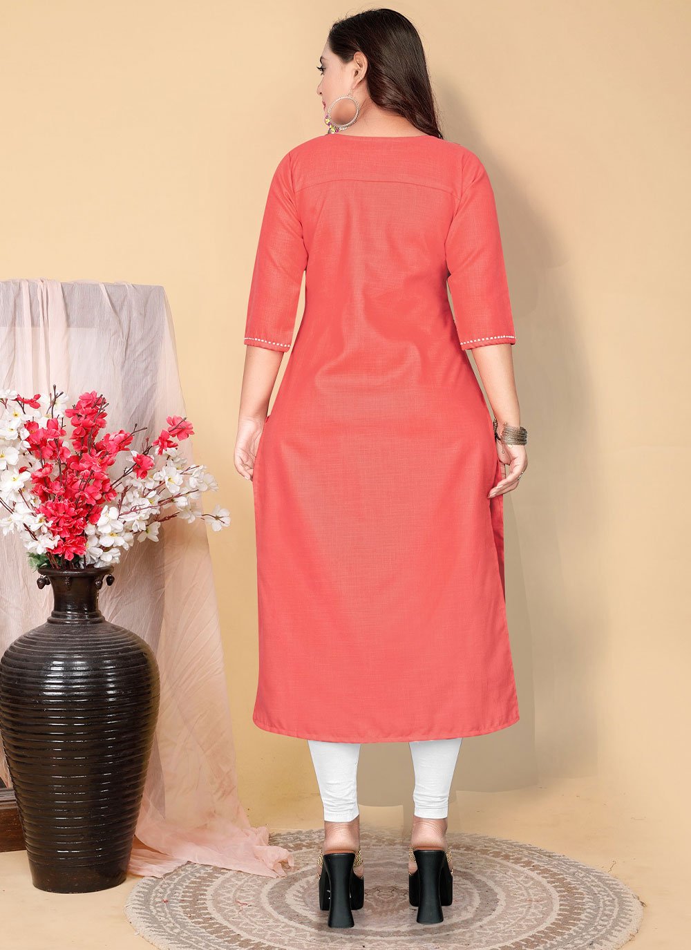 Casual Kurti Cotton Peach Embroidered Kurtis