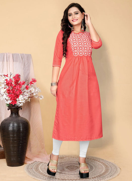 Casual Kurti Cotton Peach Embroidered Kurtis