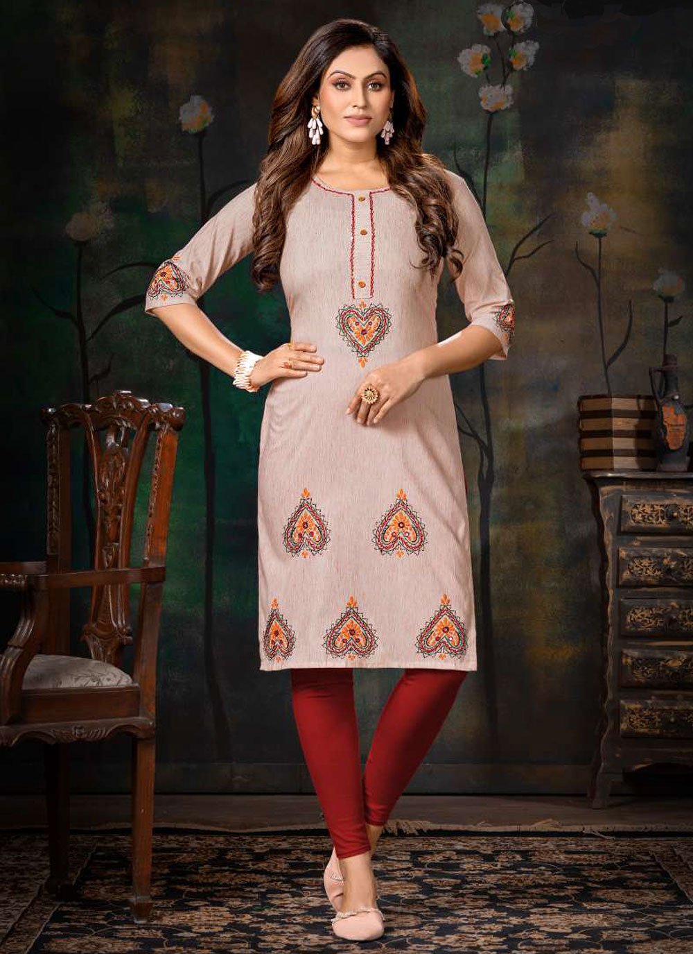 Casual Kurti Handloom Cotton Cream Pink Embroidered Kurtis