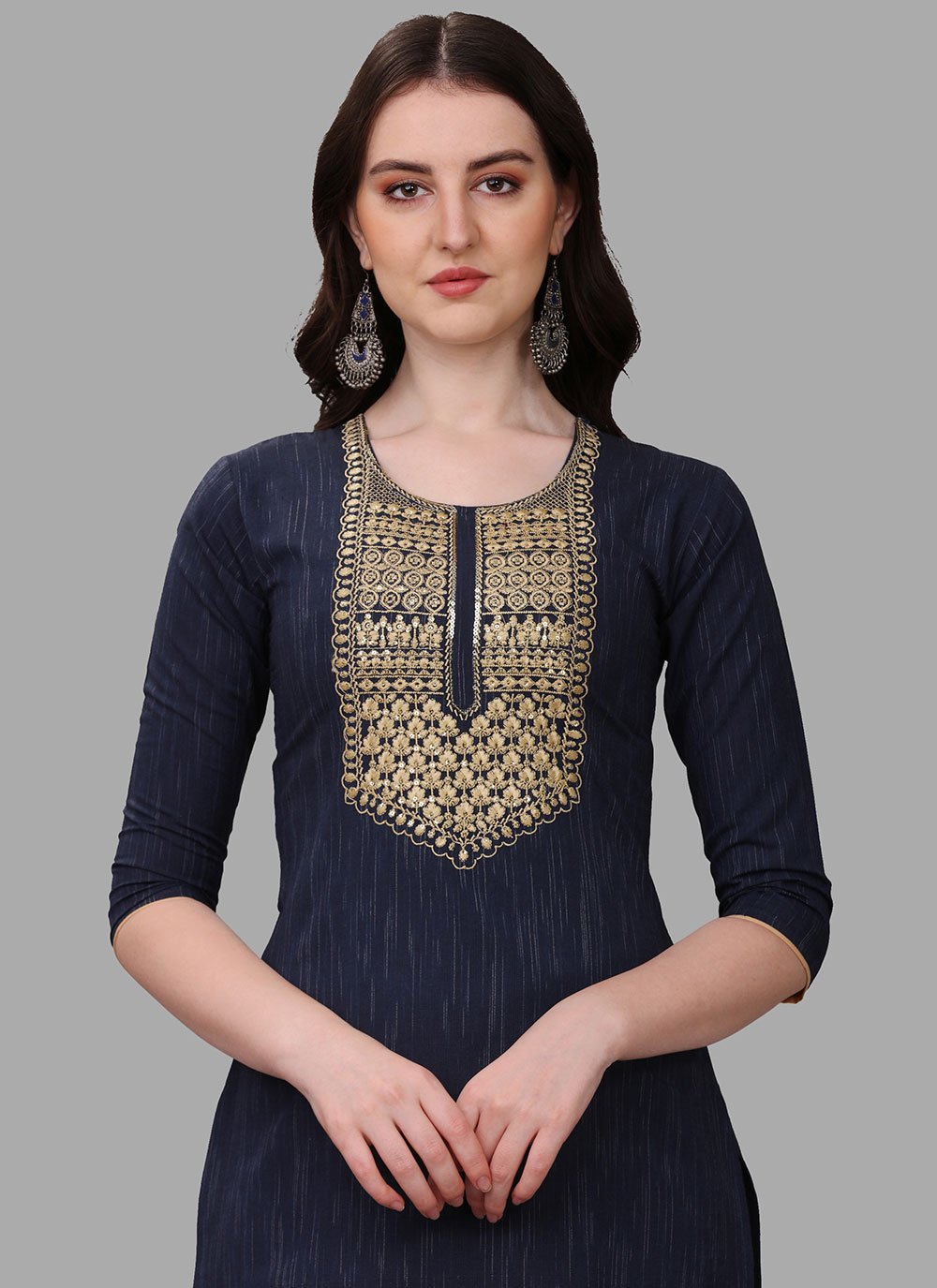 Casual Kurti Cotton Blue Embroidered Kurtis