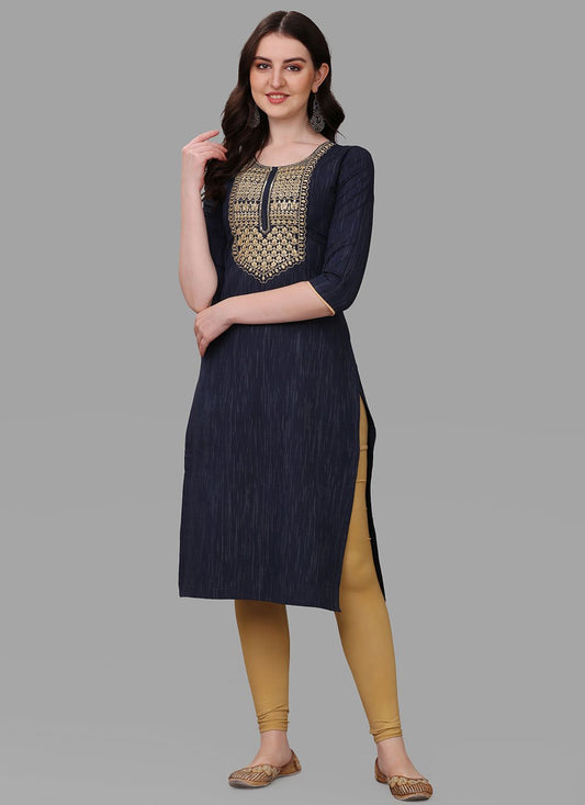 Casual Kurti Cotton Blue Embroidered Kurtis