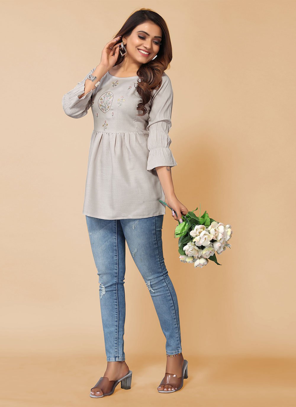 Party Wear Kurti Rayon Grey Embroidered Kurtis