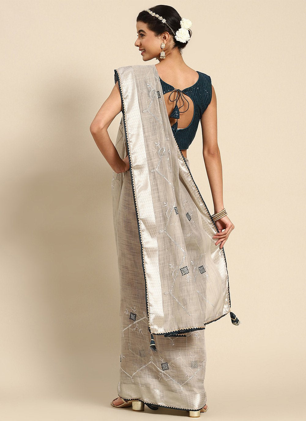 Classic Poly Cotton Grey Embroidered Saree