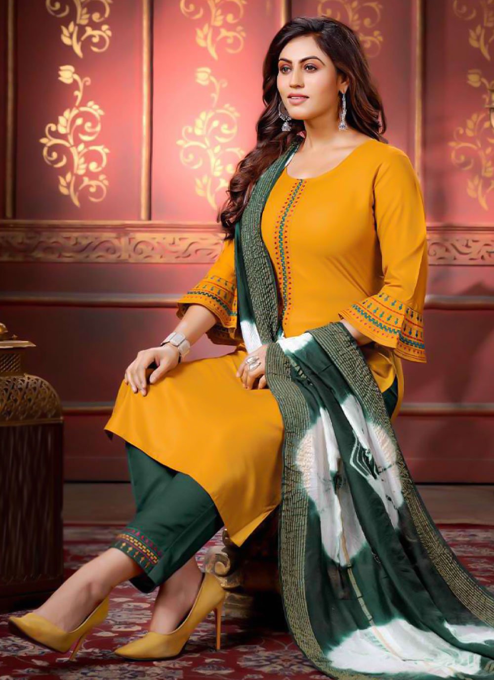 Straight Salwar Suit Rayon Mustard Embroidered Salwar Kameez