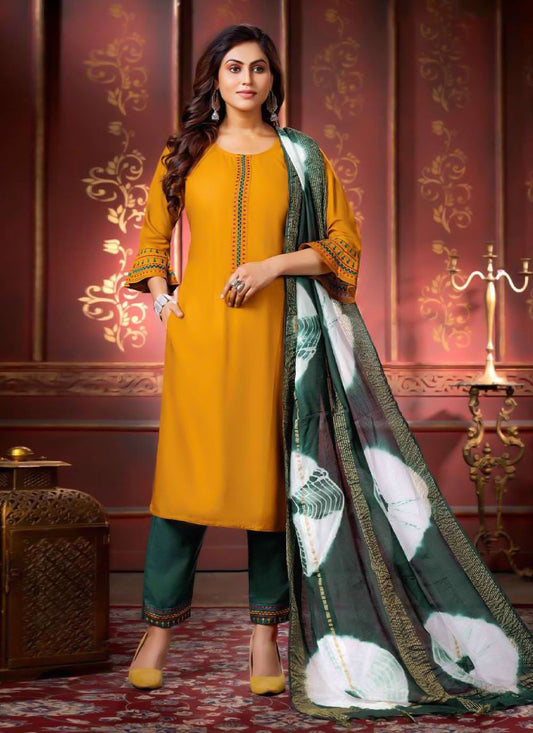 Straight Salwar Suit Rayon Mustard Embroidered Salwar Kameez