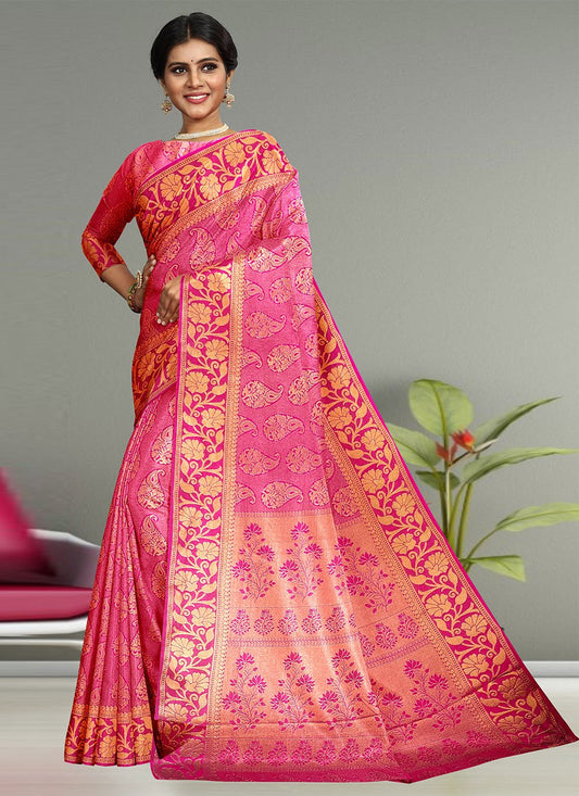 Classic Kanjivaram Silk Rani Red Embroidered Saree