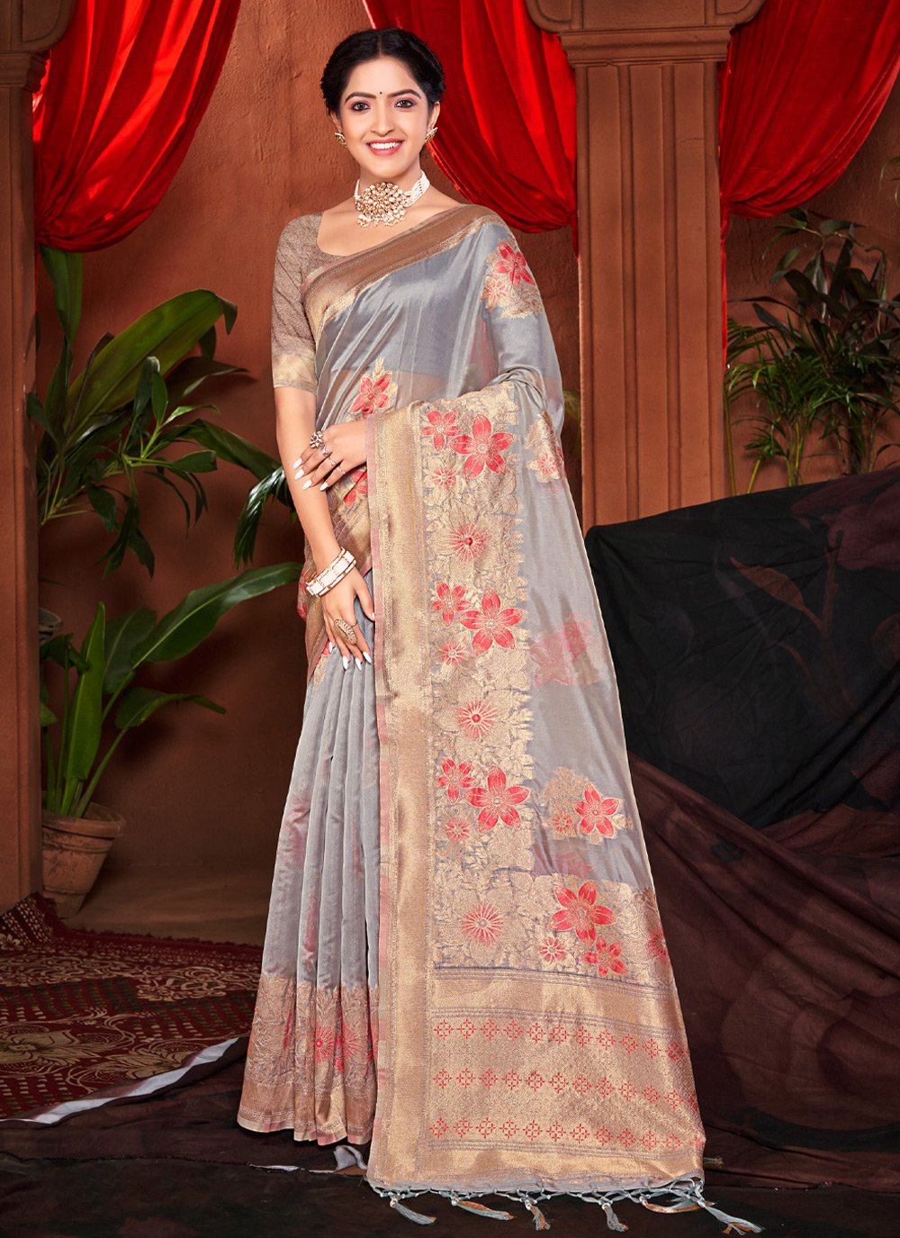 Traditional Saree Silk Grey Embroidered Saree