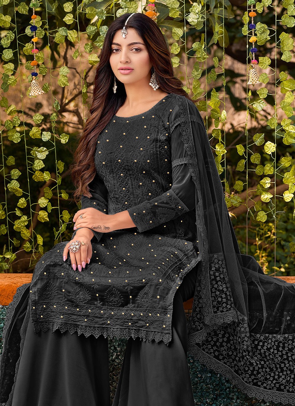 Palazzo Salwar Suit Faux Georgette Black Embroidered Salwar Kameez