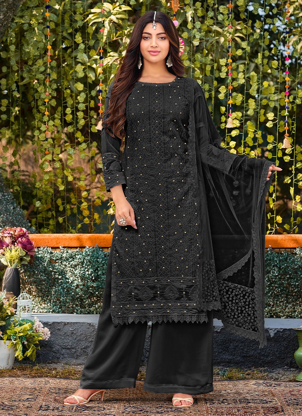 Palazzo Salwar Suit Faux Georgette Black Embroidered Salwar Kameez