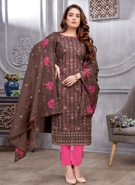 Pant Style Suit Cotton Brown Embroidered Salwar Kameez