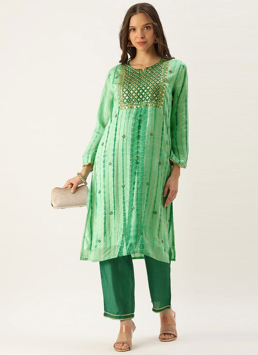 Party Wear Kurti Georgette Green Embroidered Kurtis