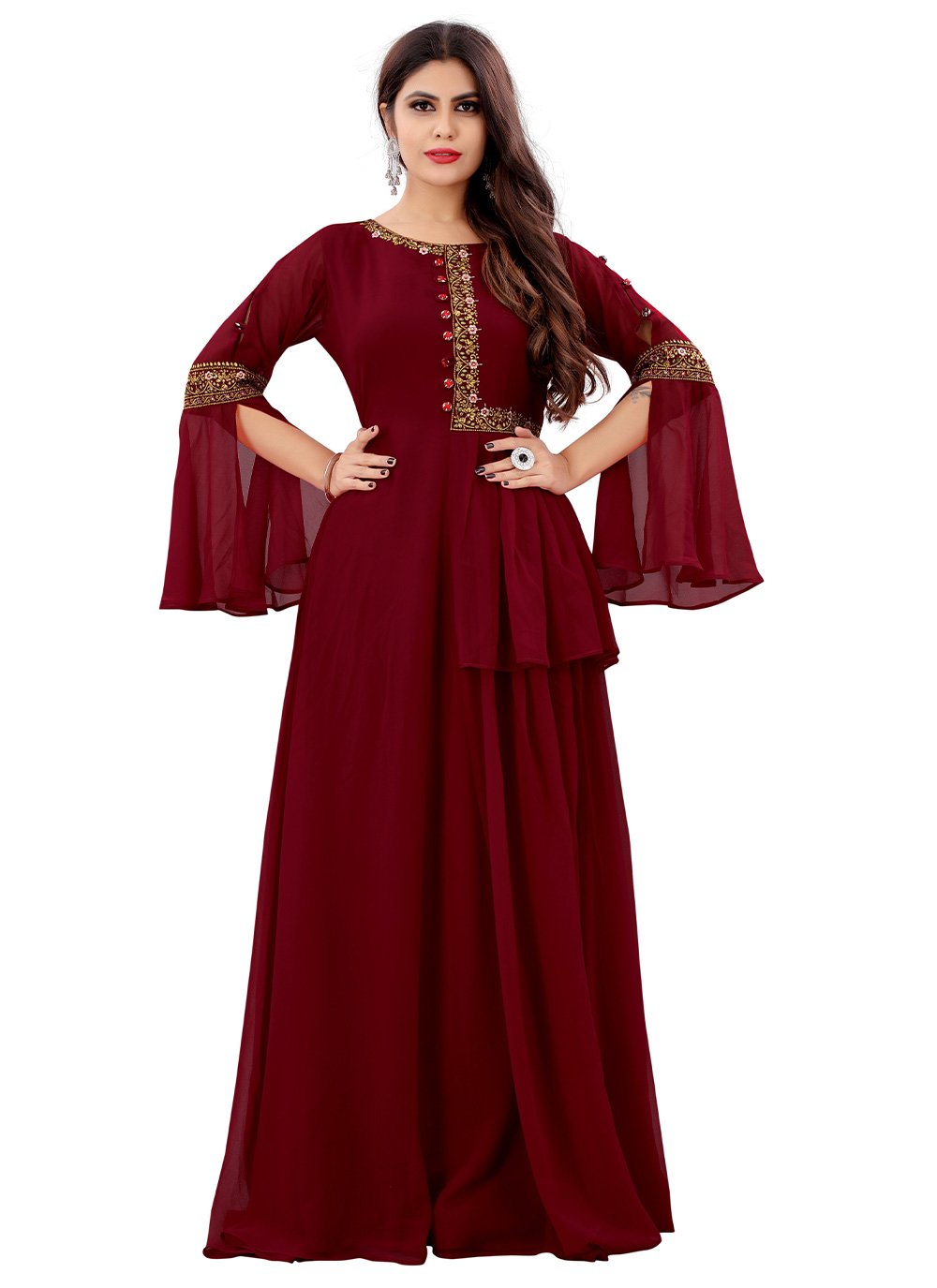 Gown Georgette Maroon Embroidered Gown