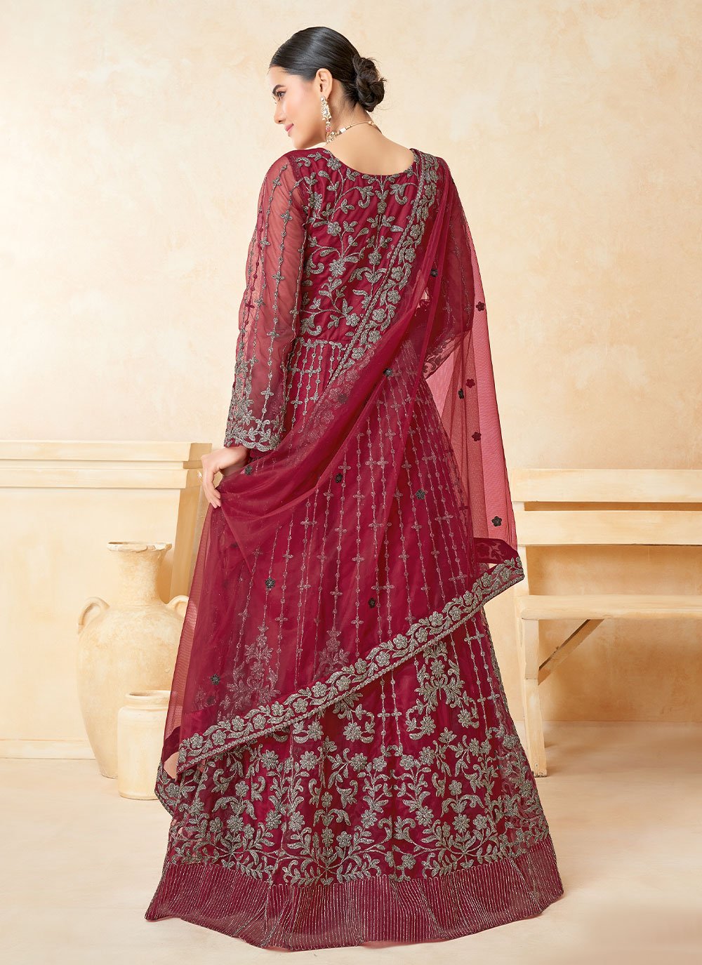 Salwar Suit Net Maroon Embroidered Salwar Kameez