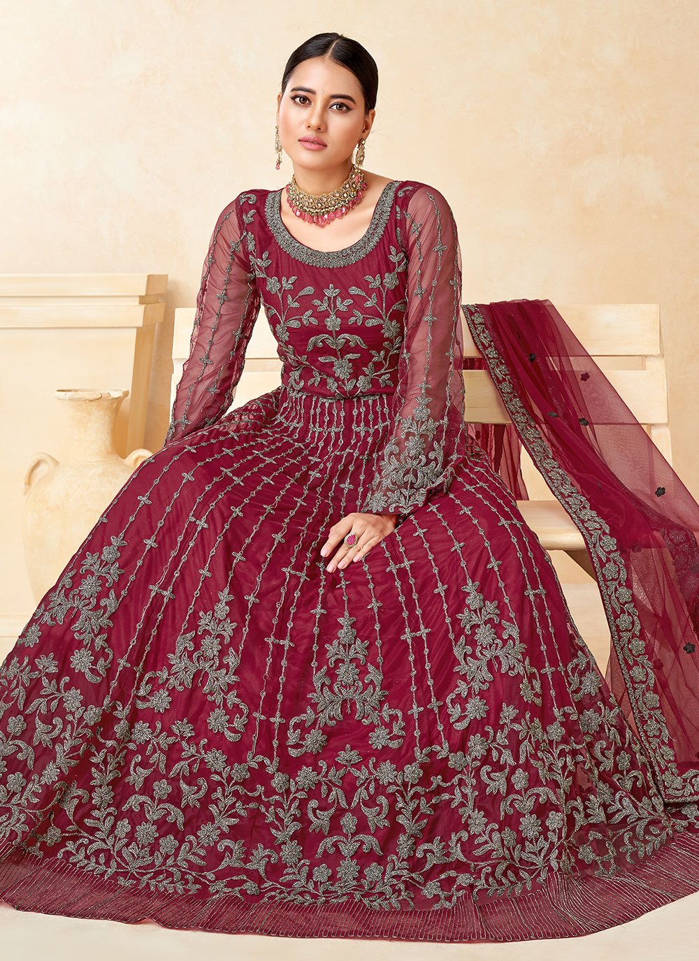 Salwar Suit Net Maroon Embroidered Salwar Kameez