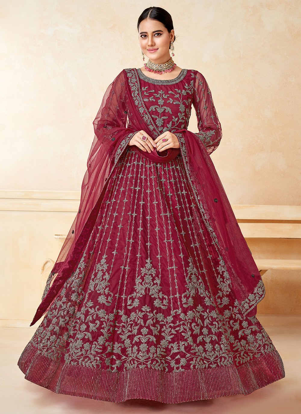 Salwar Suit Net Maroon Embroidered Salwar Kameez