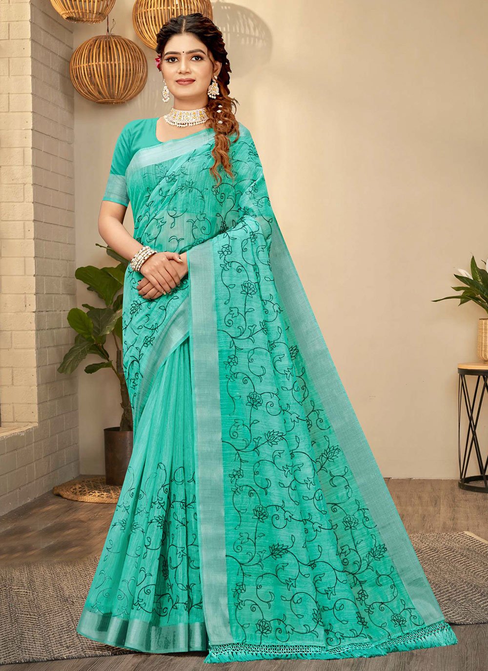 Trendy Saree Chanderi Cotton Aqua Blue Embroidered Saree