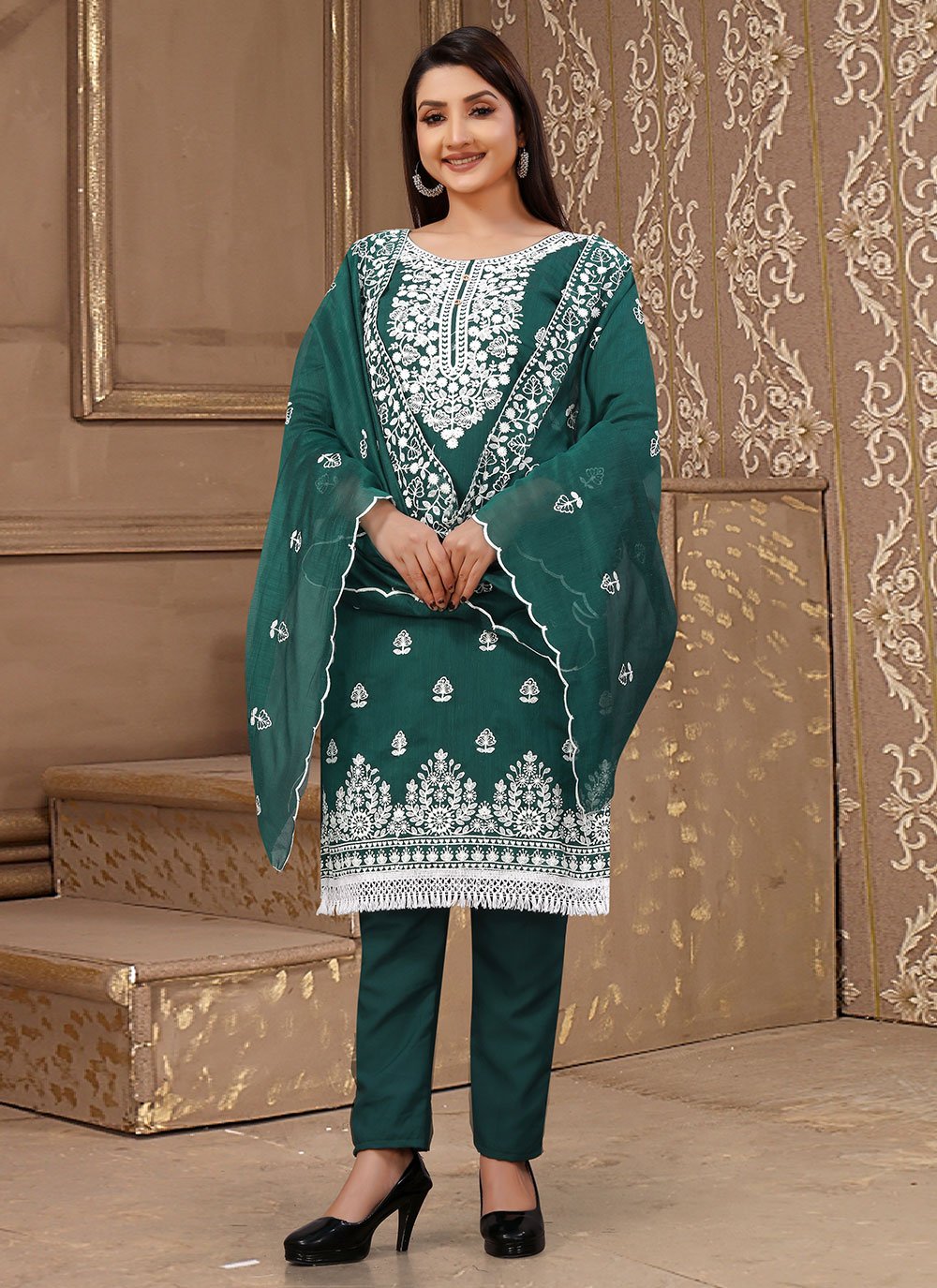 Pant Style Suit Chanderi Cotton Rama Embroidered Salwar Kameez