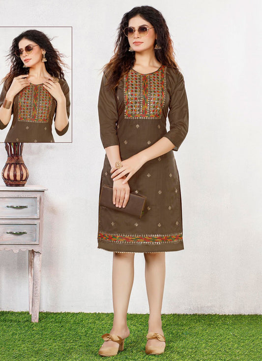 Casual Kurti Chanderi Silk Brown Embroidered Kurtis