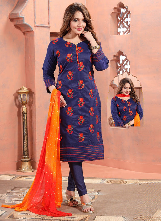 Churidar Suit Chanderi Silk Blue Embroidered Salwar Kameez