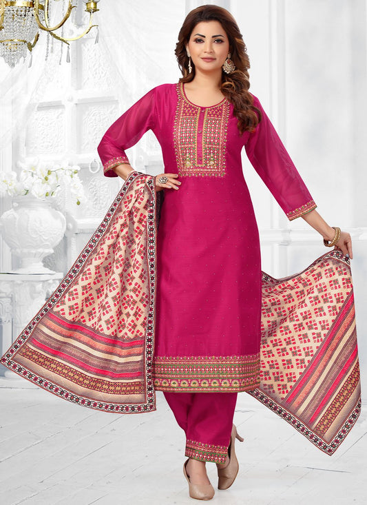 Salwar Suit Chanderi Silk Rani Embroidered Salwar Kameez