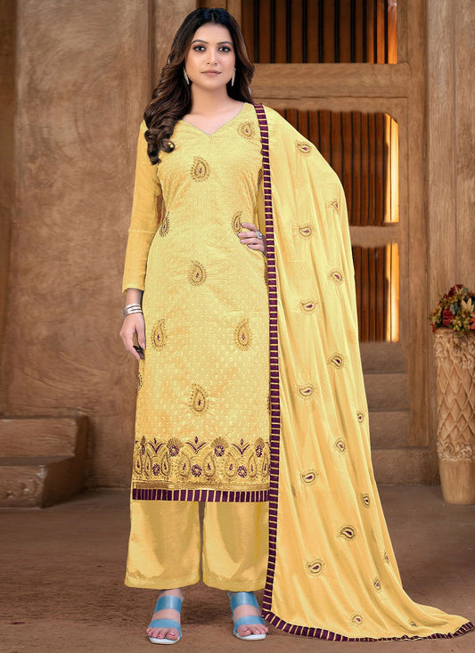 Straight Salwar Suit Chanderi Yellow Embroidered Salwar Kameez