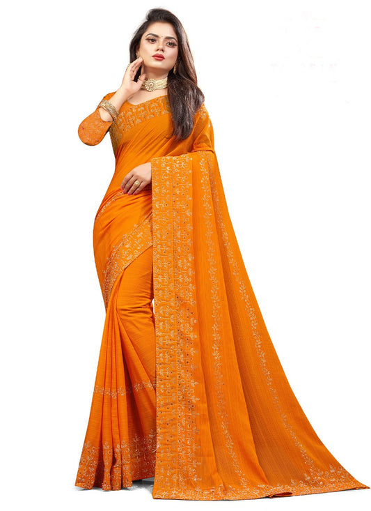 Classic Chiffon Silk Orange Embroidered Saree