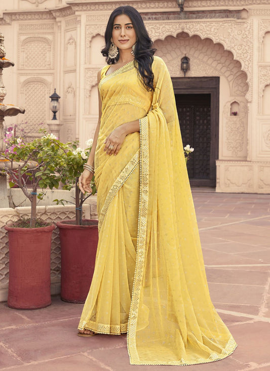 Contemporary Chiffon Yellow Embroidered Saree