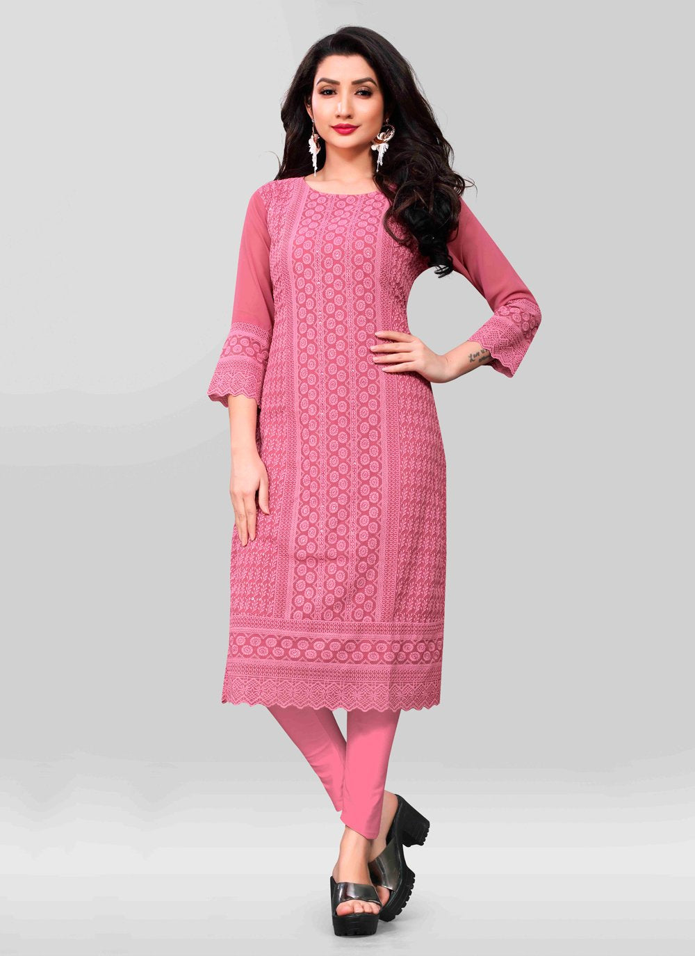 Designer Kurti Chiffon Georgette Pink Embroidered Kurtis