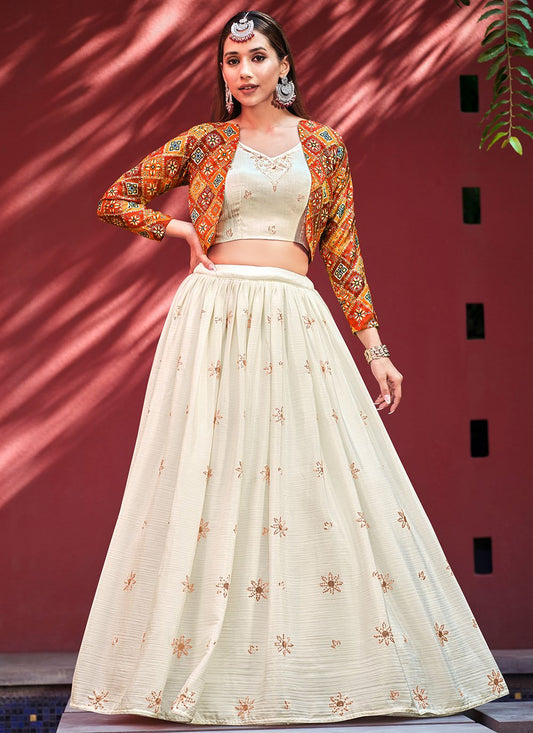 A Line Lehenga Chiffon Off White Embroidered Lehenga Choli