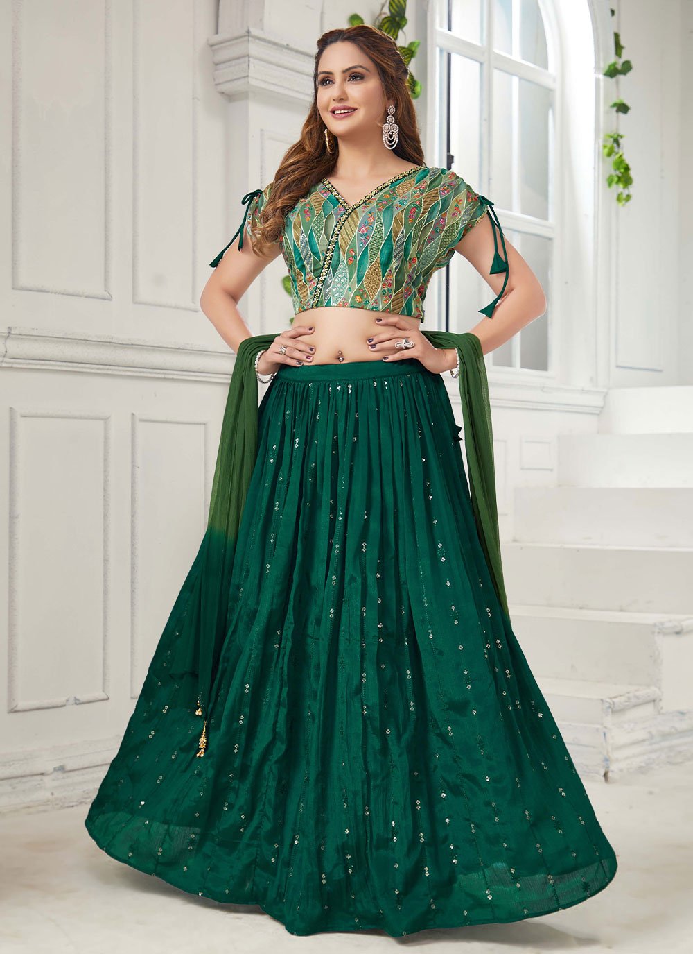 A Line Lehenga Chinon Green Embroidered Lehenga Choli