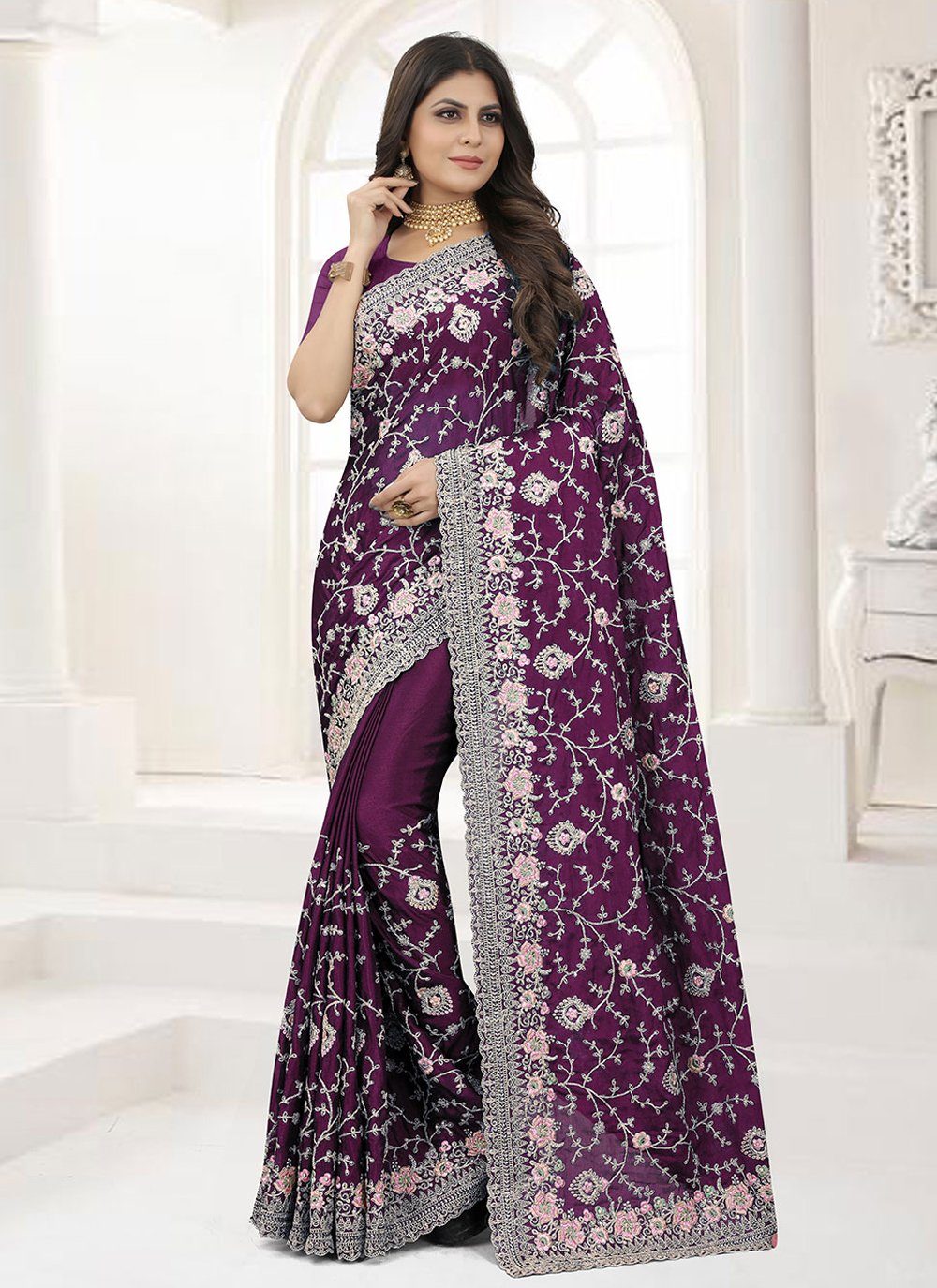 Classic Chinon Purple Embroidered Saree