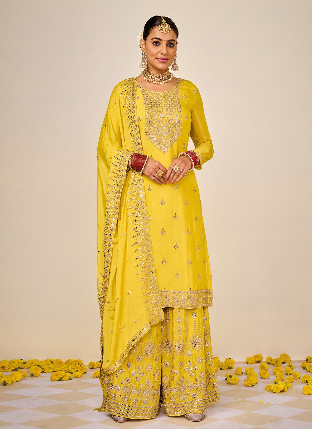 Palazzo Salwar Suit Chinon Yellow Embroidered Salwar Kameez