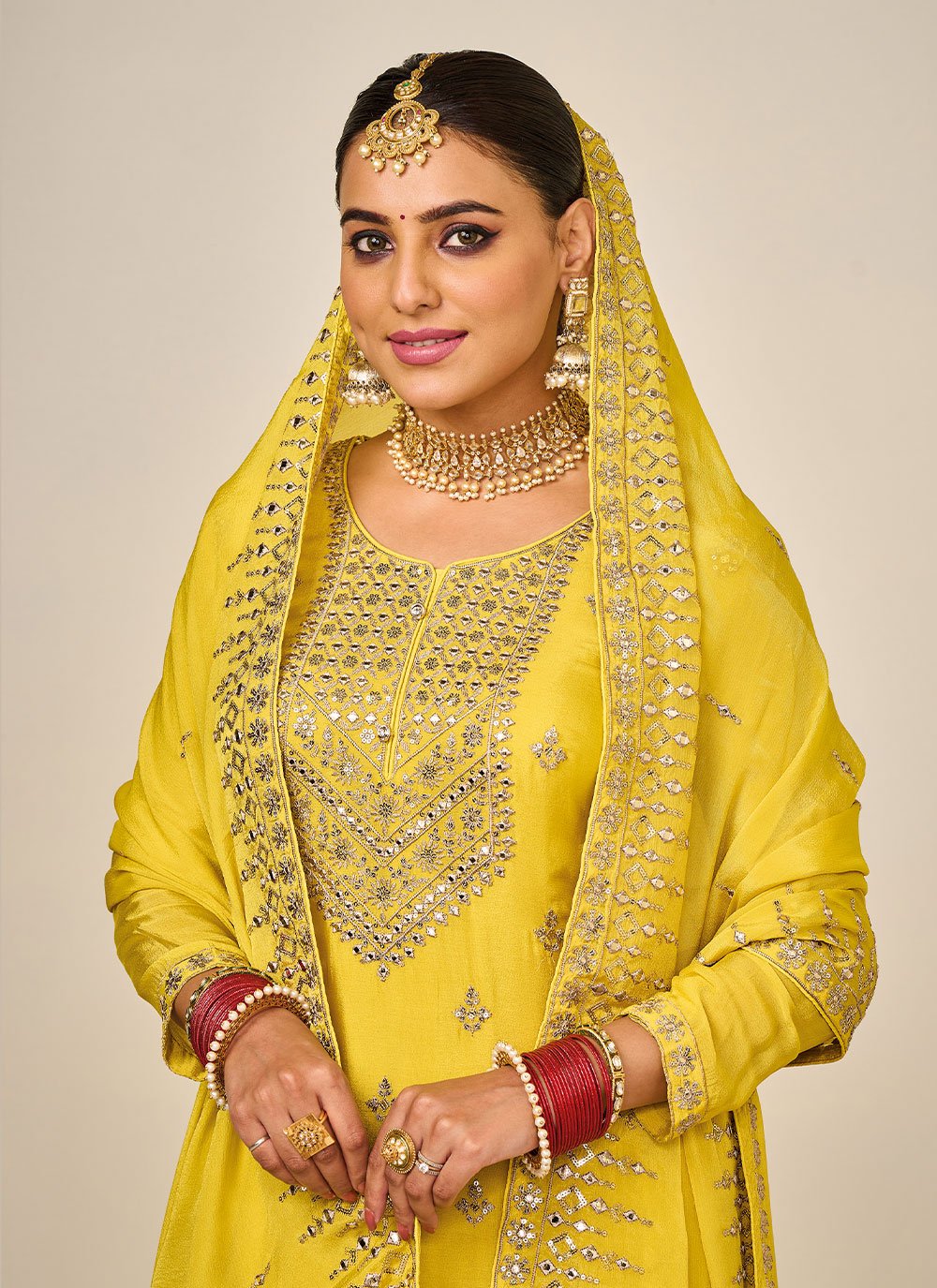 Palazzo Salwar Suit Chinon Yellow Embroidered Salwar Kameez