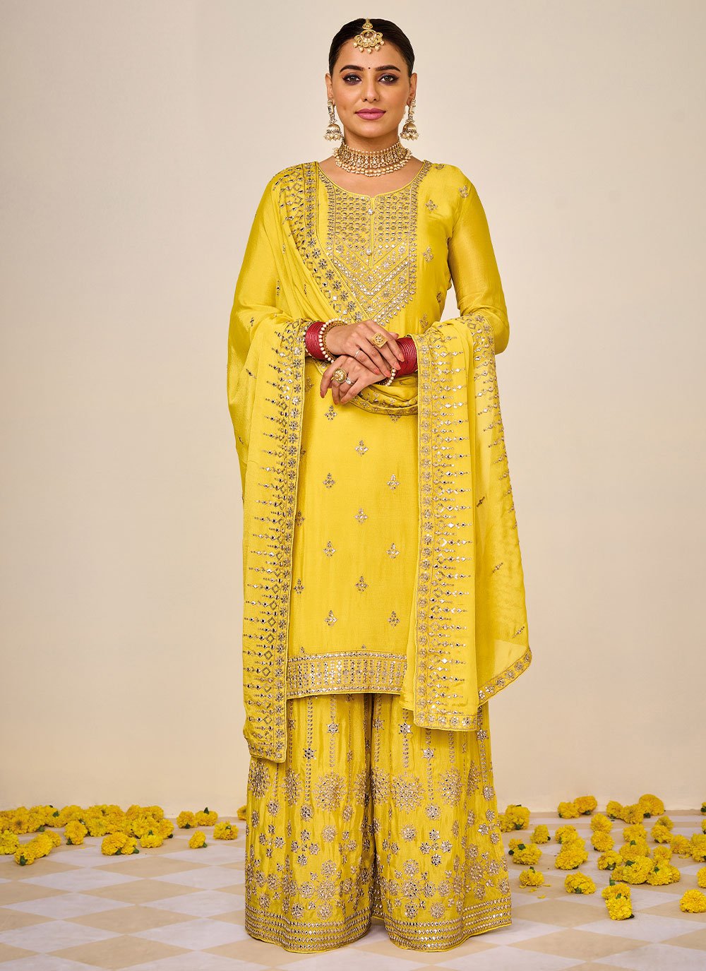 Palazzo Salwar Suit Chinon Yellow Embroidered Salwar Kameez