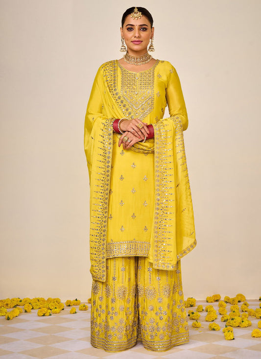 Palazzo Salwar Suit Chinon Yellow Embroidered Salwar Kameez