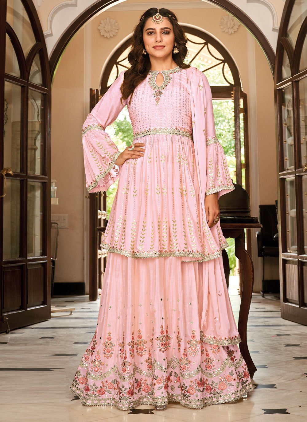 A Line Lehenga Chinon Pink Embroidered Lehenga Choli