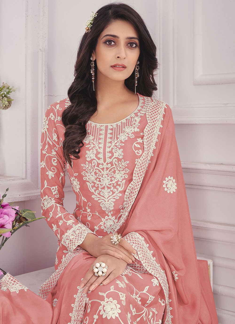 Salwar Suit Chiffon Chinon Pink Embroidered Salwar Kameez
