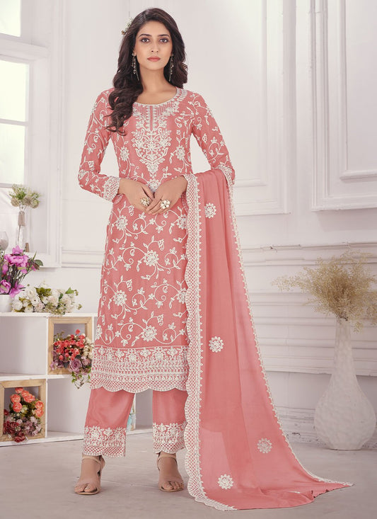 Salwar Suit Chiffon Chinon Pink Embroidered Salwar Kameez