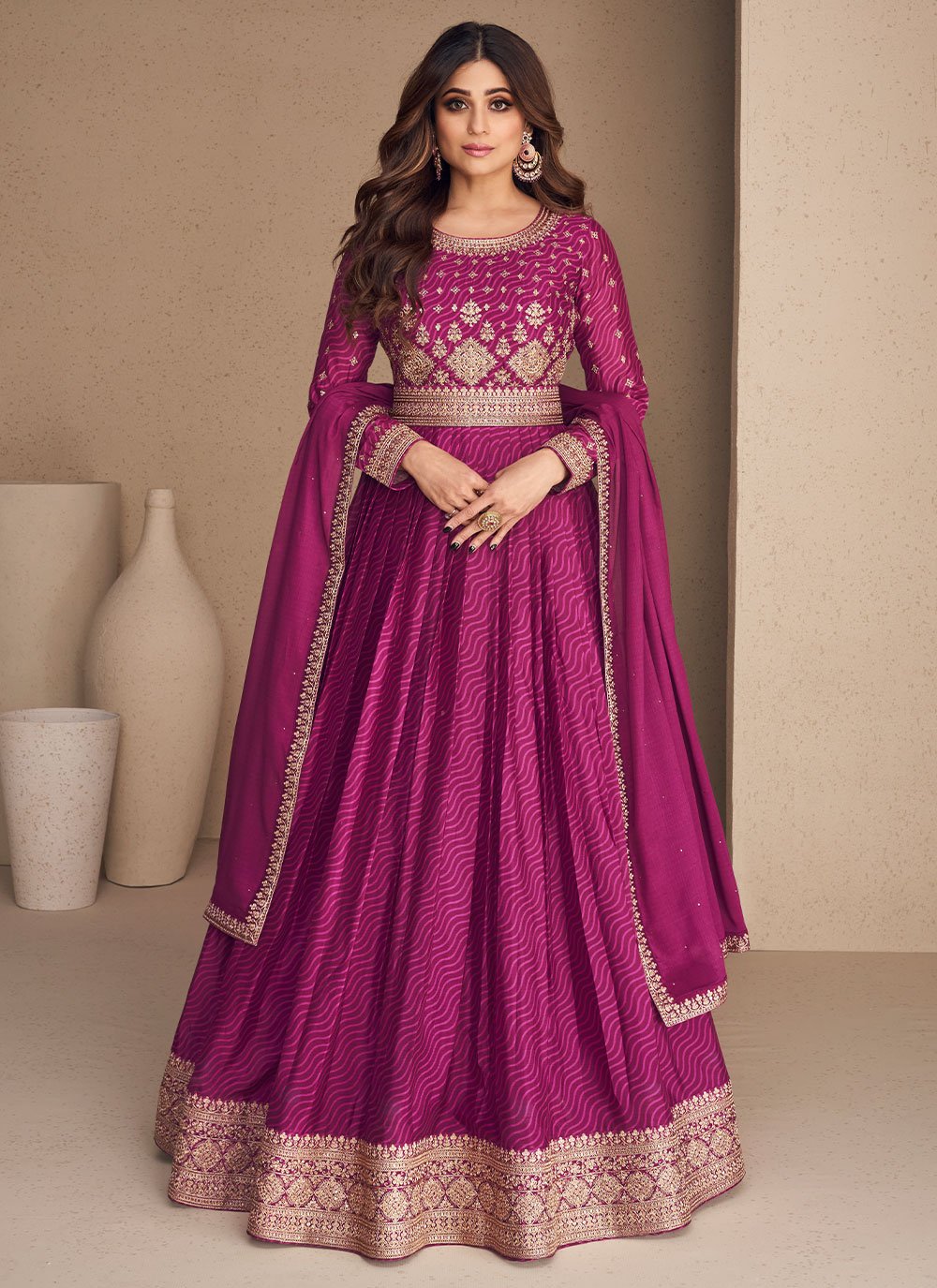 Gown Chinon Silk Purple Embroidered Gown